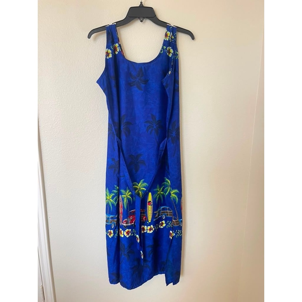 Rima Hawaiian Maxi Dress Blue Tropical Surf Woody Car Print Terivoile Large L